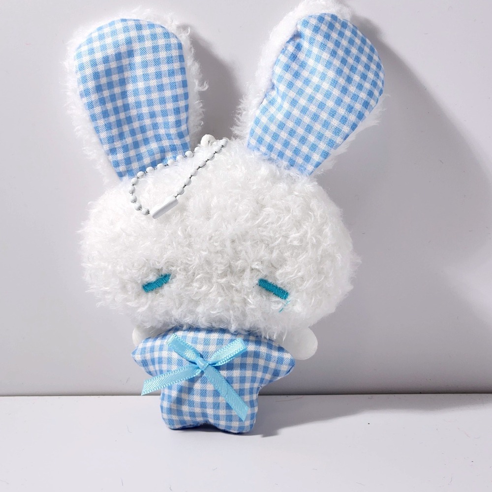 White Plush Bunny Keychain Blue Gingham Star Angel Bag Charm 5.0 inch